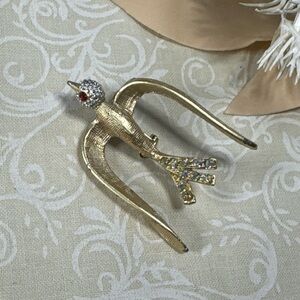 Vintage Rhinestone Bird Wishbone Brooch Gold Tone Figural Pin AB Rhinestone